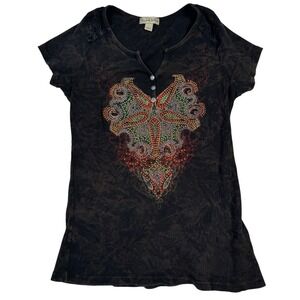 Y2K Live & Let Live Embellish Heart Top M Brown Ribbed Distress Rock Indie Goth